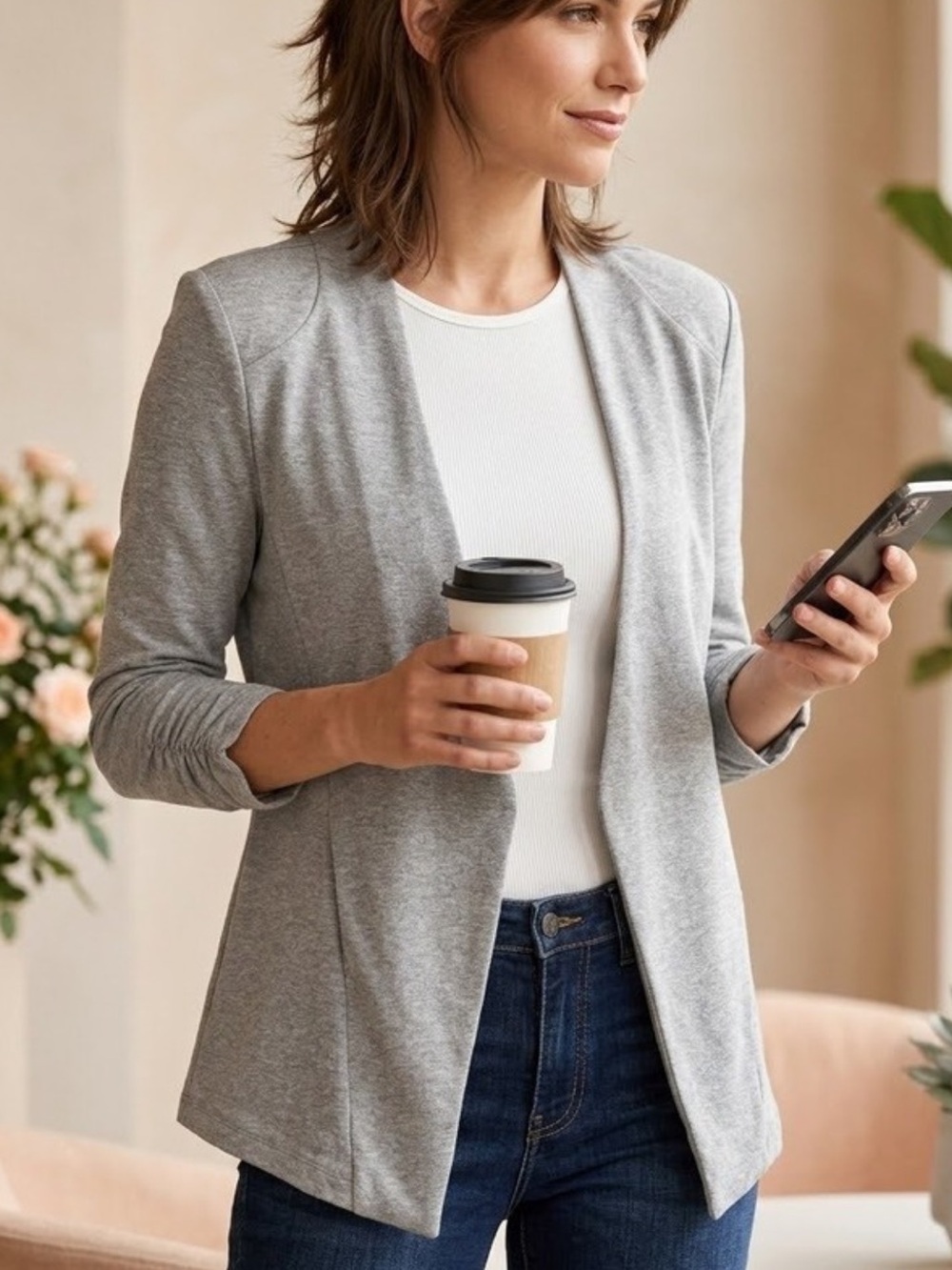 Tart Rouched Sleeve Open-Front Sweater Blazer black XS
